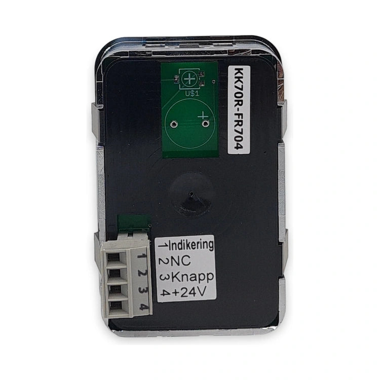 Back of LiftLogic KK70 push button showing the label with terminals Indikering, NC, Knapp, +24V, on white background.