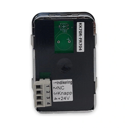 Back of LiftLogic KK70 push button showing the label with terminals Indikering, NC, Knapp, +24V, on white background.