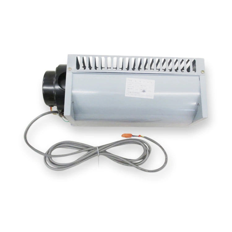 KONE FB-9K cross-flow car fan KM50041607, 220 V 25 W, right-hand motor with grey cable, front view on white background.