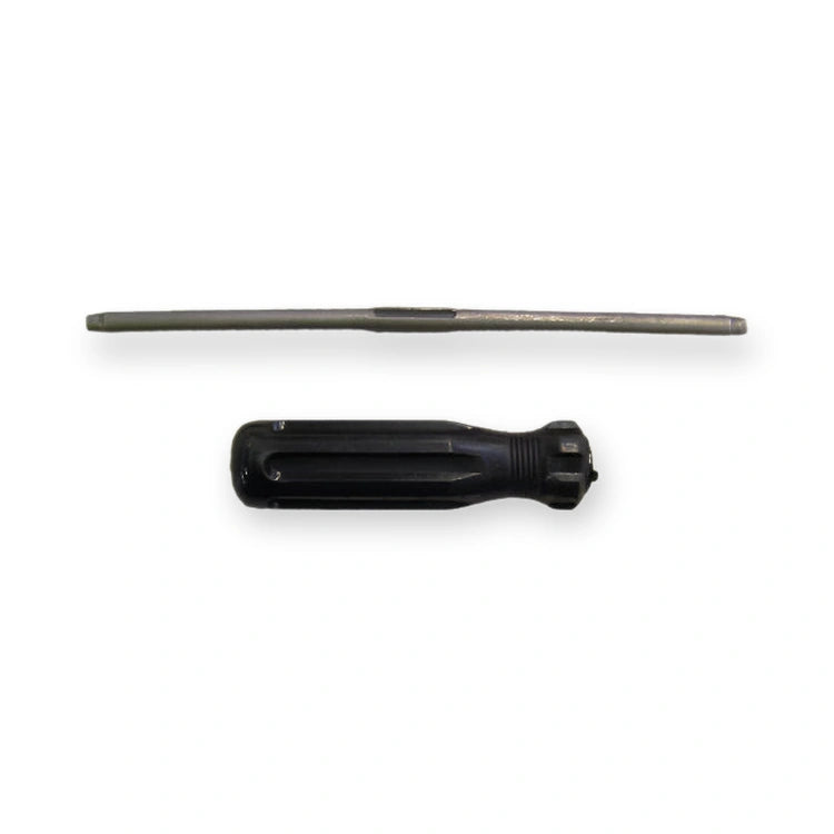 Kone Shield Double-Headed Anti-Vandal Screwdriver KM50095113, side view of a black insulated handle and a long metal shaft, on white background.