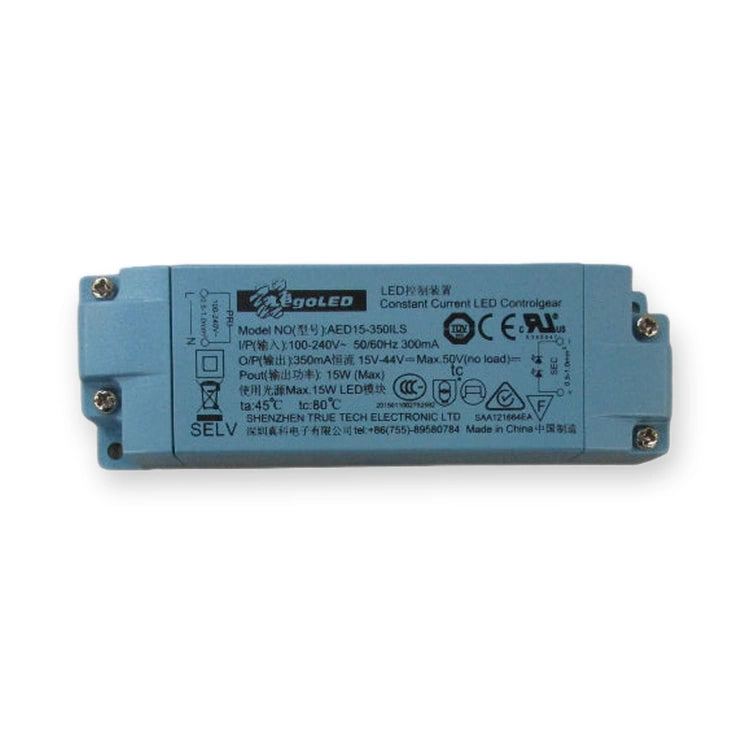 Kone LED Trafo AED15350ILS 15-44VDC 350MA 15W KM51039866, blue rectangular controller with printed label and four corner screws, on white background.