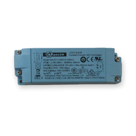 Kone LED Trafo AED15350ILS 15-44VDC 350MA 15W KM51039866, blue rectangular controller with printed label and four corner screws, on white background.