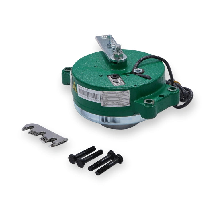 KONE MX10 MX10SD electromechanical brake kit KM51455355V501 with mounting bolts and shim pack, three-quarter view on white background.