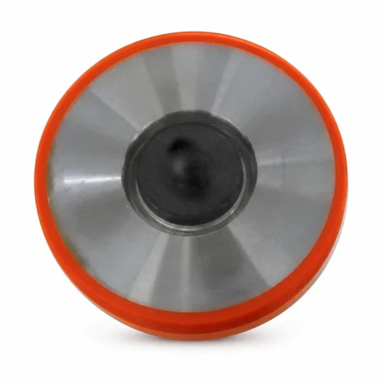 Kone ADL/ADC fire-resistant OEM hanger roller 85x19-6203, SKU KM587123G01, shown face-on with an orange-red outer body, silver radial face and dark centre.