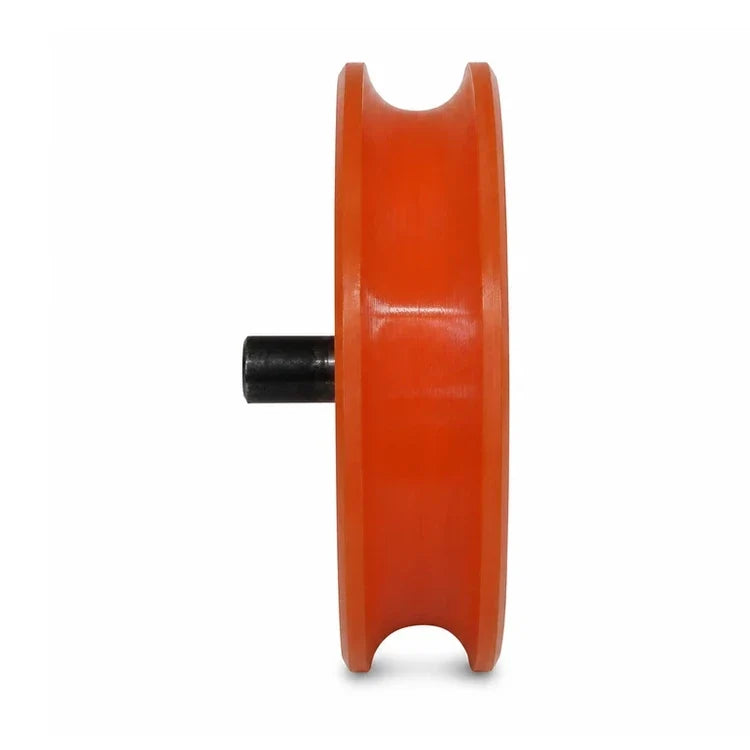 Kone ADL/ADC fire-resistant OEM hanger roller 85x19-6203, SKU KM587123G01, shown in side profile with the orange-red grooved body and dark projecting centre element visible.