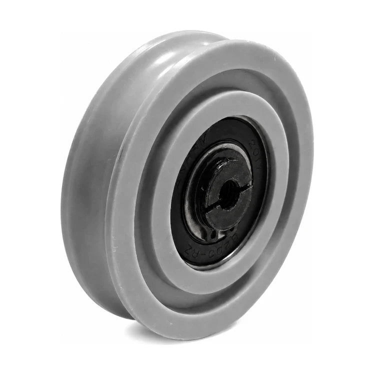 KONE KM60076G01 ADM/ADR-compatible hanger roller 70/60 × 15 mm with 6203 bearing and split centre retainer, SKU KM60076G01-3rd, shown in a front three-quarter studio view.