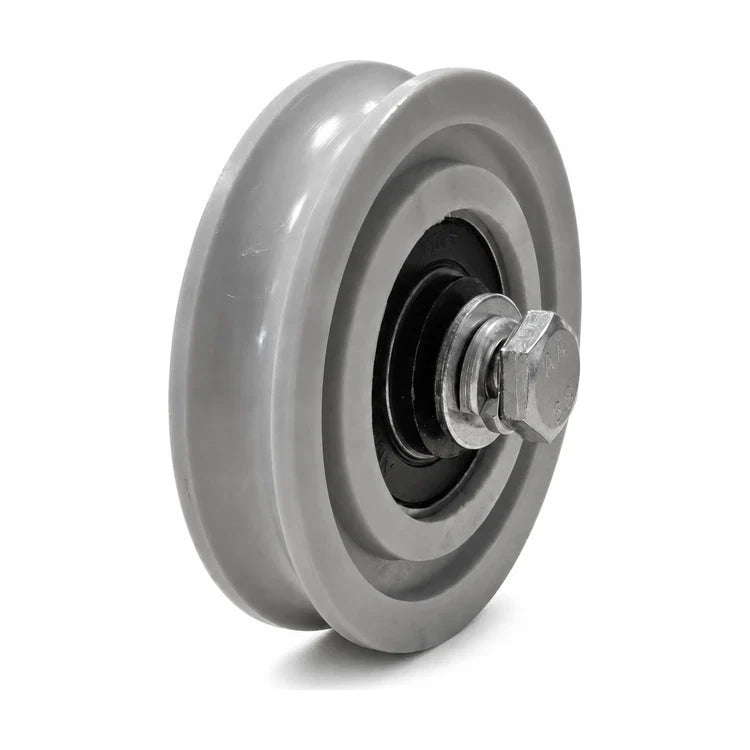 KONE KM60076G01 ADM/ADR-compatible hanger roller 70/60 × 15 mm with plated bolt, nut and washer hardware, SKU KM60076G01-3rd, shown from the bolt side.