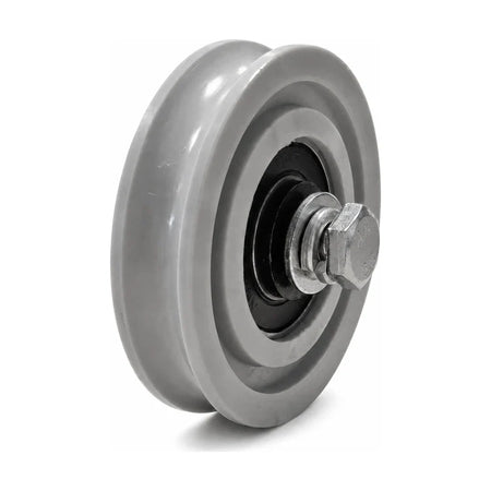 KONE KM60076G01 ADM/ADR-compatible hanger roller 70/60 × 15 mm with plated bolt, nut and washer hardware, SKU KM60076G01-3rd, shown from the bolt side.