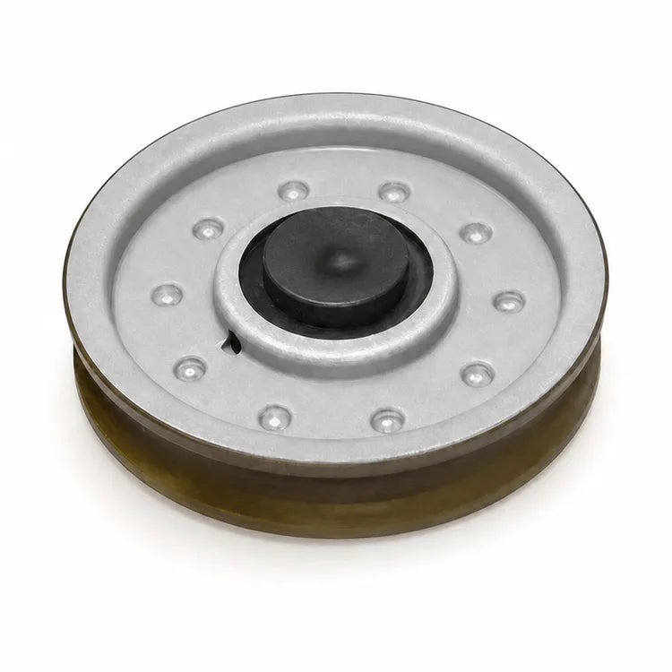 KONE model KM601106G01 hanger roller for the AMD Advanced Modular Door system, SKU KM601106G01, shown as a single roller in an elevated three-quarter view with a silver face, dark centre and brown-gold circumferential band.