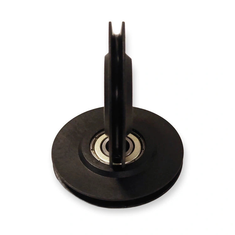 KONE AMD closing weight pulley 48 mm showing the 5 mm rope groove, on white background.