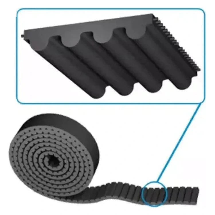 HTD 5M toothed belt for KONE AMD R2 door operators, rolled length with close-up of the round tooth profile, illustration on white background.
