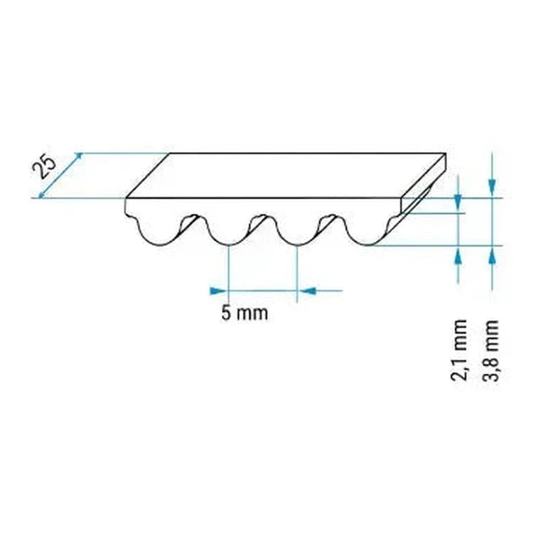 HTD 5M timing belt profile drawing: 25 mm wide, 5 mm pitch, 2.1 mm tooth height, 3.8 mm total thickness, on white background.