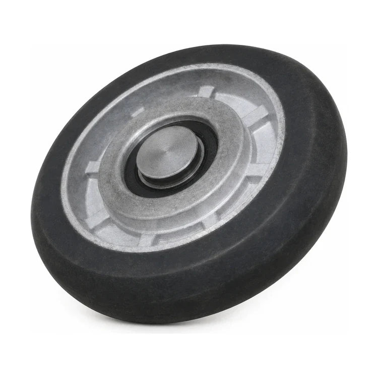 KONE-compatible KM604112G03 rail guide roller for MiniSpace guide shoe assemblies, SKU KM604112G03-3rd, with a black running surface and cast-metal hub, shown from the opposite side with the round metal centre visible.