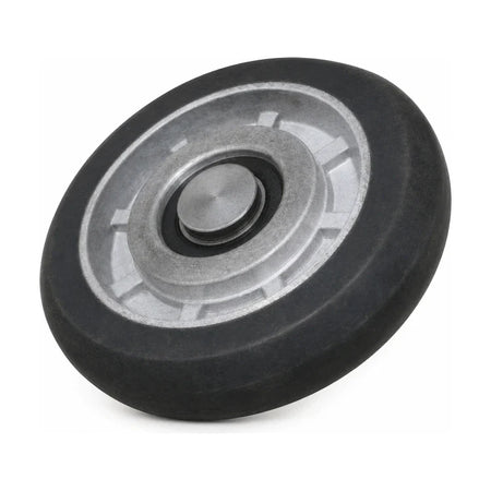 KONE-compatible KM604112G03 rail guide roller for MiniSpace guide shoe assemblies, SKU KM604112G03-3rd, with a black running surface and cast-metal hub, shown from the opposite side with the round metal centre visible.