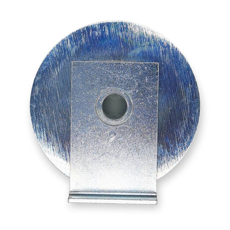 KONE ADX2 hanger roller KM61501G12, back view of the zinc-plated mounting bracket on the steel wheel disc, on white background.
