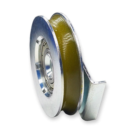 KONE ADX2 hanger roller KM61501G12, side view showing the polyurethane tread, bearing and bracket, on white background.