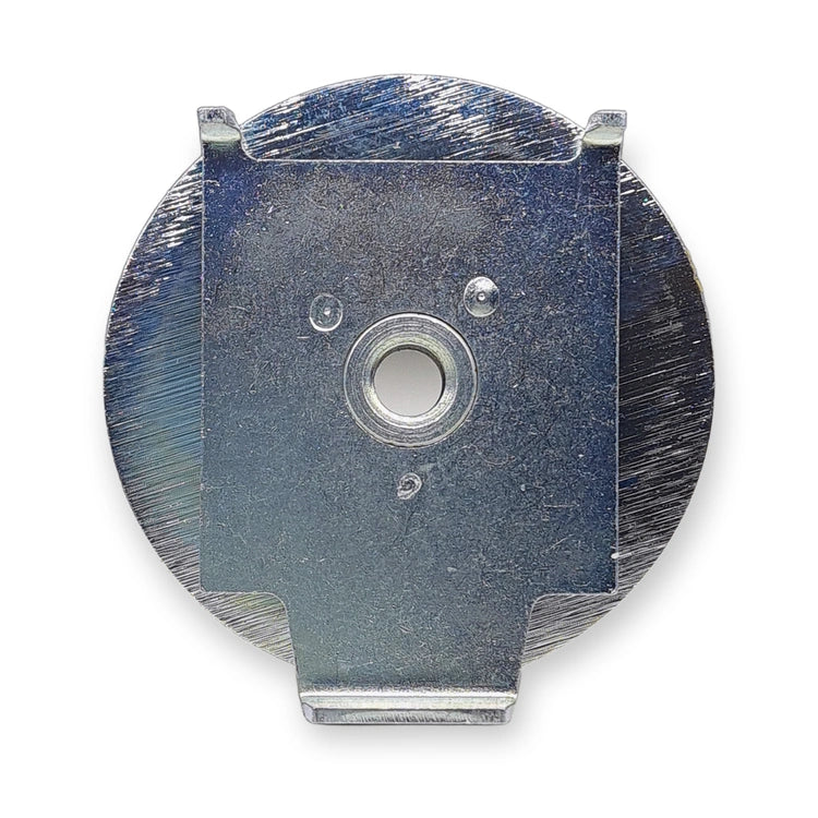KONE ADX1/2 door hanger roller KM61501G13, rear of the zinc-plated mounting bracket with M8 threaded hole on white background.