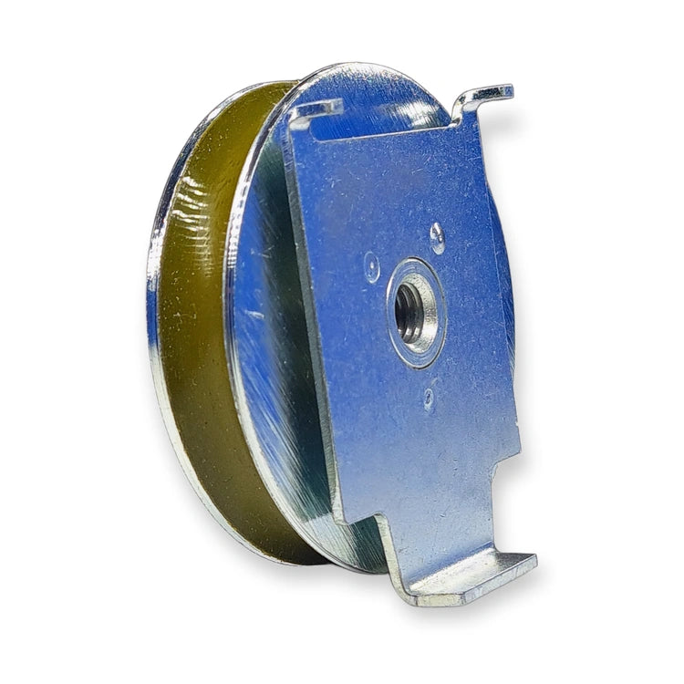 KONE ADX1/2 door hanger roller KM61501G13, rear three-quarter view of bracket and roller tyre on white background.