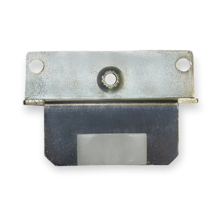 KONE AMD Butterfly Door guide 80x55mm OEM KM674014G01, front view of metal bracket with central hole and dark rubber pad, on white background.