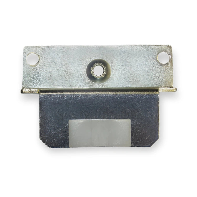 KONE AMD Butterfly Door guide 80x55mm OEM KM674014G01, front view of metal bracket with central hole and dark rubber pad, on white background.