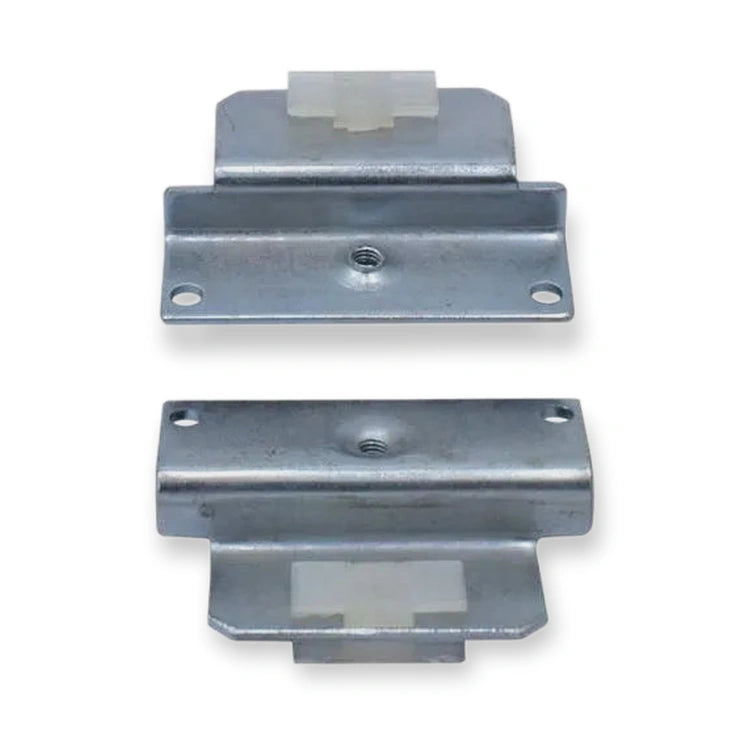 KONE AMD Butterfly Door guide 80x55mm OEM KM674014G01, two metal brackets with white plastic inserts and threaded holes, on white background.