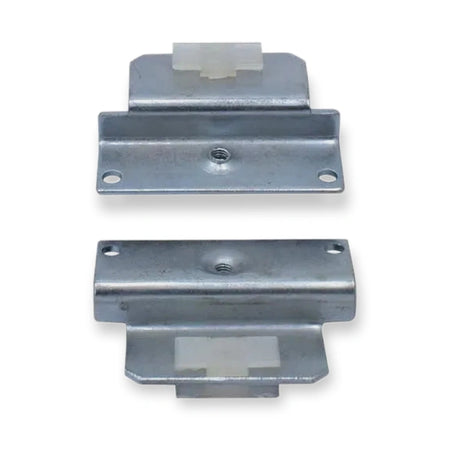 KONE AMD Butterfly Door guide 80x55mm OEM KM674014G01, two metal brackets with white plastic inserts and threaded holes, on white background.