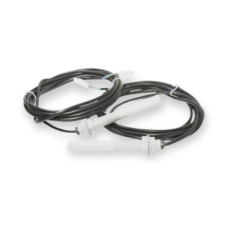 Kone 77N/77U Magnetic Switch Sensor KM713227G01, two white cylindrical sensors with coiled black cables, viewed from above, on white background.