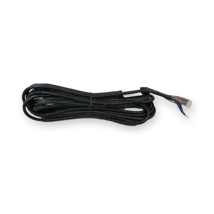 Kone Button Cable 7m KM713871G02, coiled black cable with exposed wires and white connector, viewed from above, on white background.