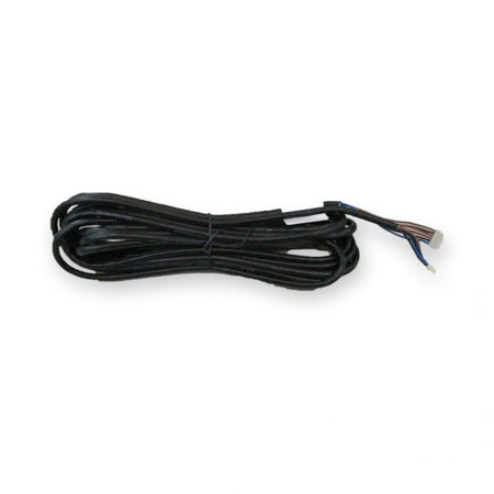 Kone Button Cable 7m KM713871G02, coiled black cable with exposed wires and white connector, viewed from above, on white background.
