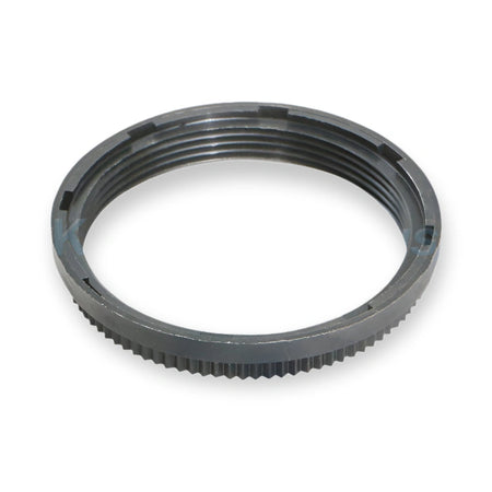 Kone Button Fixing Ring KSS KM772808H01, top view of a dark ring with internal threads and external teeth, on white background.