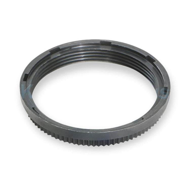 Kone Button Fixing Ring KSS KM772808H01, top view of a dark ring with internal threads and external teeth, on white background.