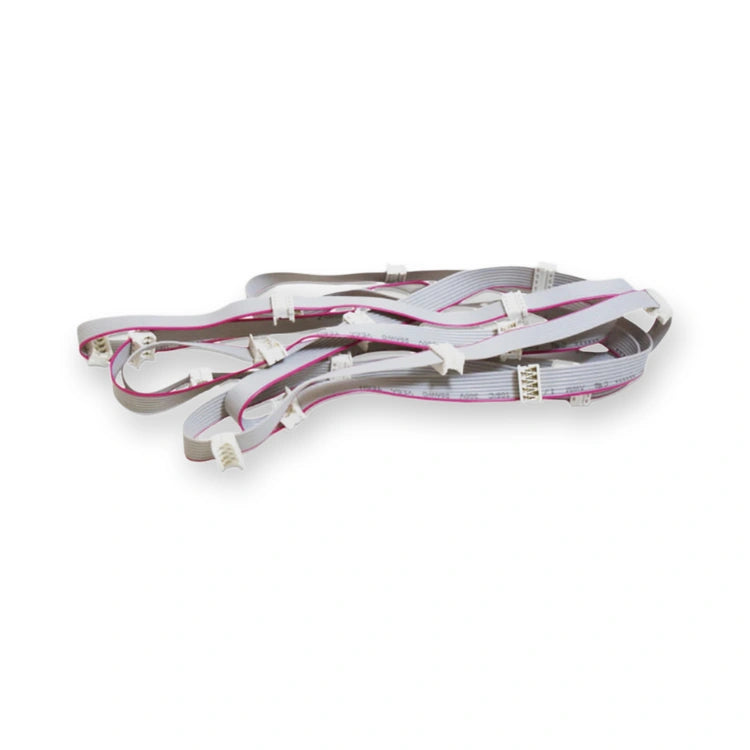 Kone Data Cable 1722mm KSS COP KM772816G05, top view of coiled flat ribbon cables with white connectors, on white background.