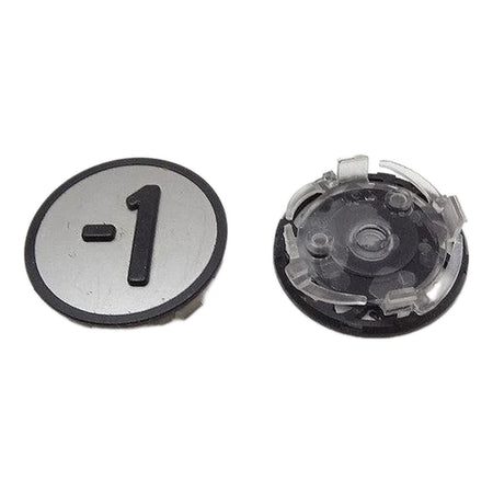 KONE KSS push button symbol -1 KM801054G071, grey with raised black tactile mark, front and back view on white background.