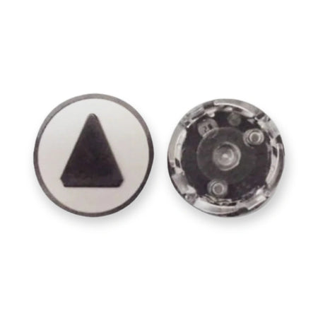 Kone Push Button Up Gray Tactile KSS LOP KM801054G091, front and back views of round button with black triangle symbol, on white background.