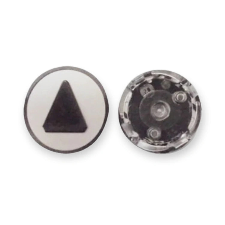 Kone Push Button Up Gray Tactile KSS LOP KM801054G091, front and back views of round button with black triangle symbol, on white background.