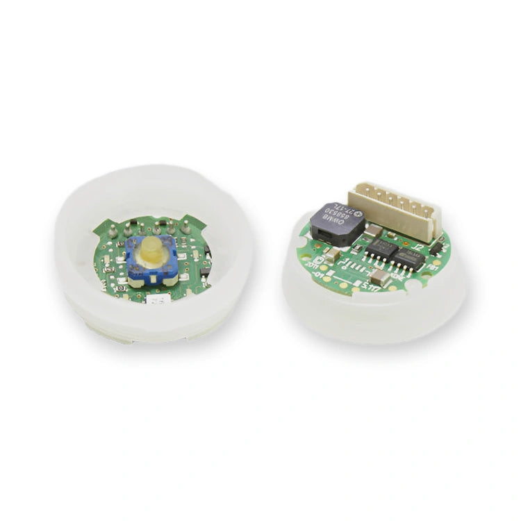 KONE PB/DC/FC END FLOORS BUTTON BASE KM804342G01 OEM, top-down view of two circular boards with blue sensor and black components, on white background.