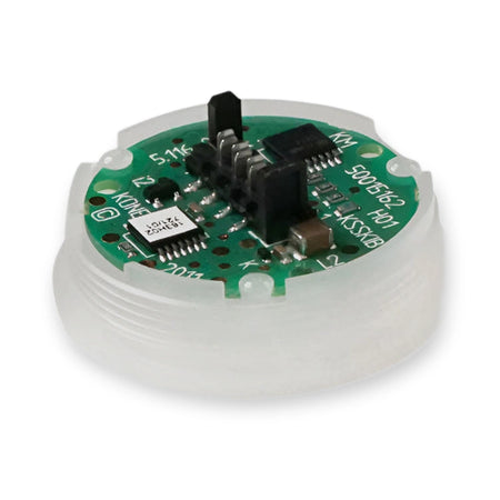 KONE BUTTON BASE F2KKIB KM804343G01 OEM, top-down view of green circuit board with black chips in white housing, on white background.