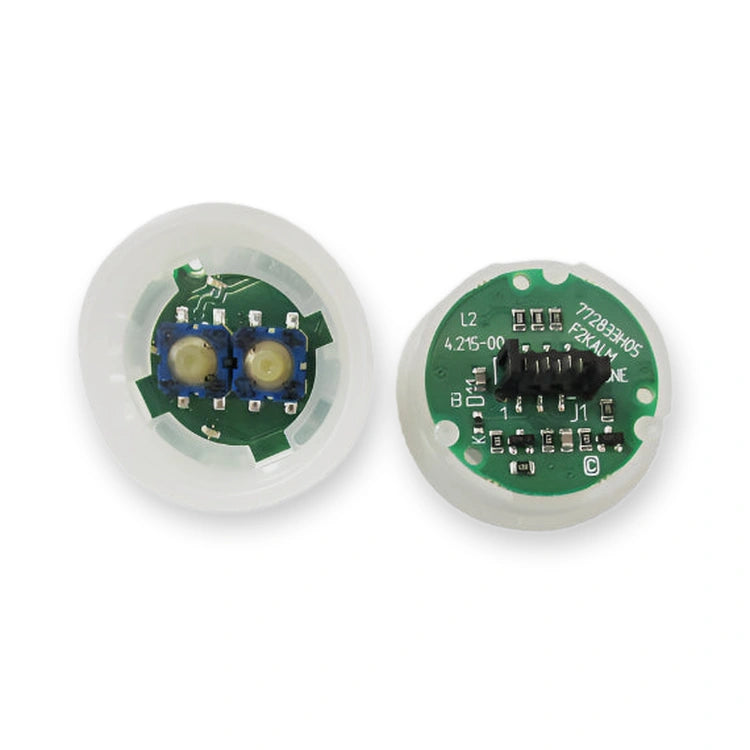 KONE BUTTON BASE,CAR ALARM F2KALM AMBER COP KM804343G14 OEM, top-down view showing two circular boards with optical sensors and black connector, on white background.