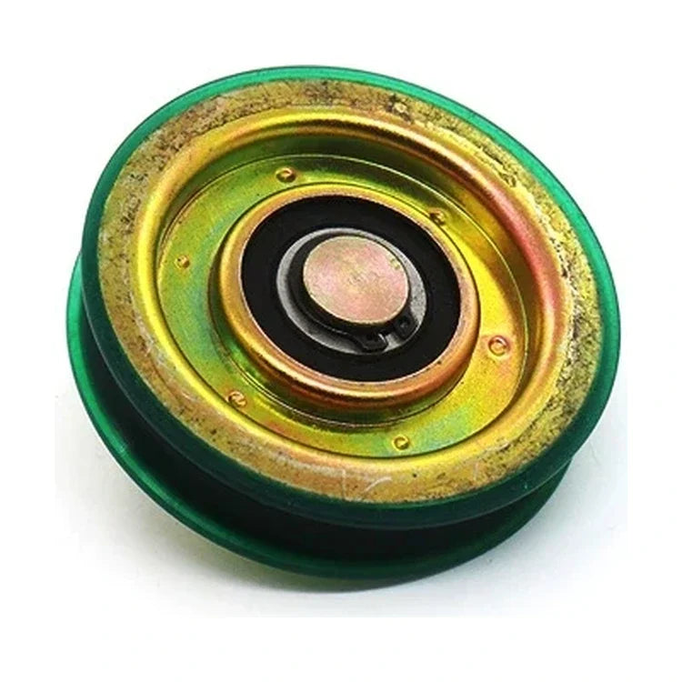 Green aftermarket KONE ADC/ADF/ADL/ADZ door hanger roller with gold-tone metal hub, model KM86226G01, Ø85 × 19 mm, SKU KM86226G01-3rd, shown in a front three-quarter studio view.
