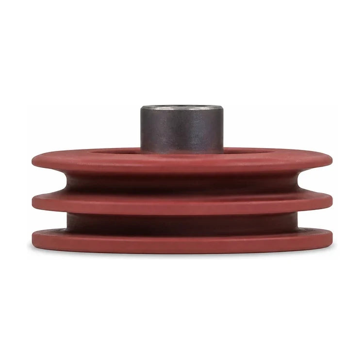 KONE KM89627G02 synchronisation roller, SKU KM89627G02, showing the dark-red double-groove pulley and raised metal hub in a side-profile studio view.