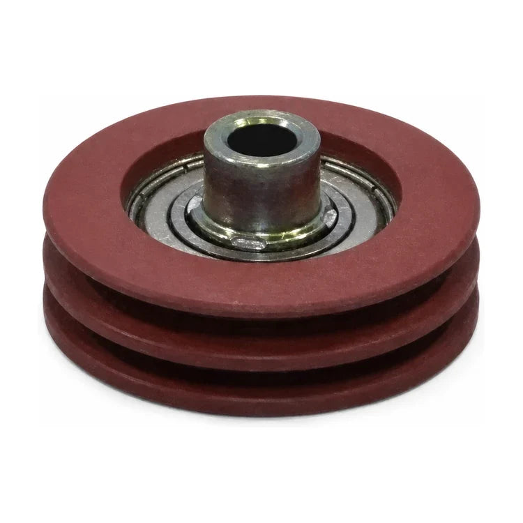 KONE KM89627G02 synchronisation roller, SKU KM89627G02, with dark-red double-groove pulley, bearing, and raised metal hub in an alternate front three-quarter studio view.