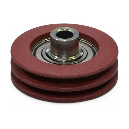 KONE KM89627G02 synchronisation roller, SKU KM89627G02, with dark-red double-groove pulley, bearing, and raised metal hub in an alternate front three-quarter studio view.