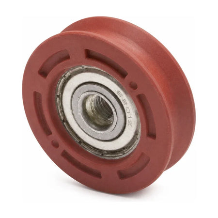KONE KM89628G02 hanger roller 50/43 × 14 mm with M8 female-threaded opening and 6201 bearing, SKU KM89628G02-3rd, shown in an upright reverse three-quarter studio view.