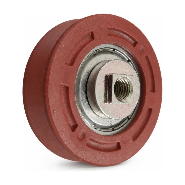 KONE KM89628G02 door hanger roller for AMD/ADV/Isola systems, 50/43 × 14 mm, with red round-groove wheel, 6201 bearing and M8 female-threaded adapter, SKU KM89628G02, shown in an upright front three-quarter studio view.