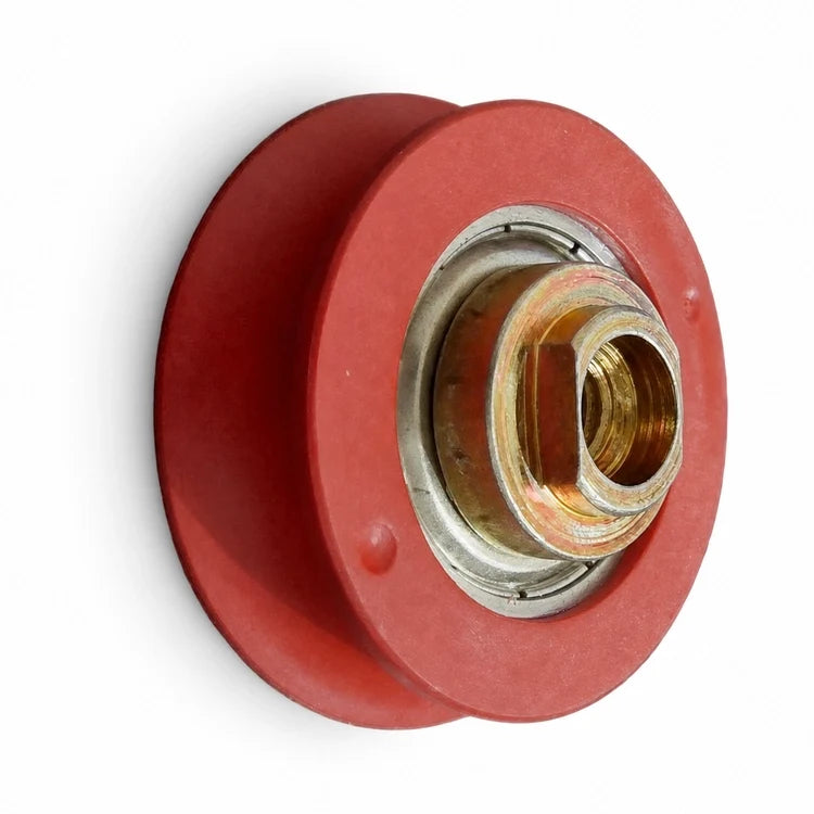 KONE KM89629G02 hanger roller Ø44/41/37 × 12 mm with M8 female-threaded collar, SKU KM89629G02-3rd, shown in an upright front three-quarter studio view.