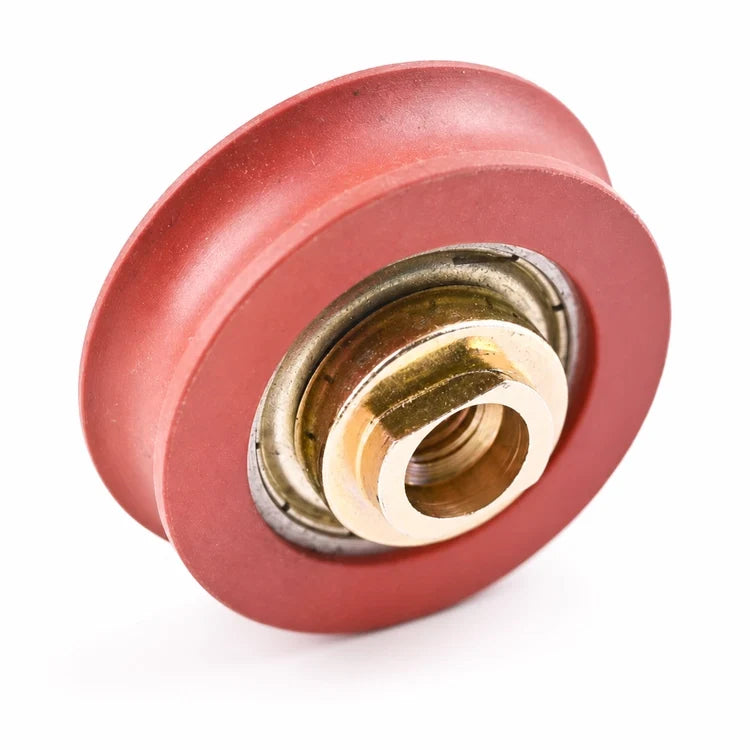 KONE KM89629G02 hanger roller Ø44/41/37 × 12 mm with M8 female-threaded opening, SKU KM89629G02-3rd, shown in an upright reverse three-quarter studio view.