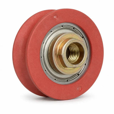 KONE KM89629G02 counter roller for ADV/AMD/ISOLA door systems, Ø44/41/37 × 12 mm, with red rounded-groove wheel and M8 female-threaded collar, SKU KM89629G02, shown in an upright front three-quarter studio view.