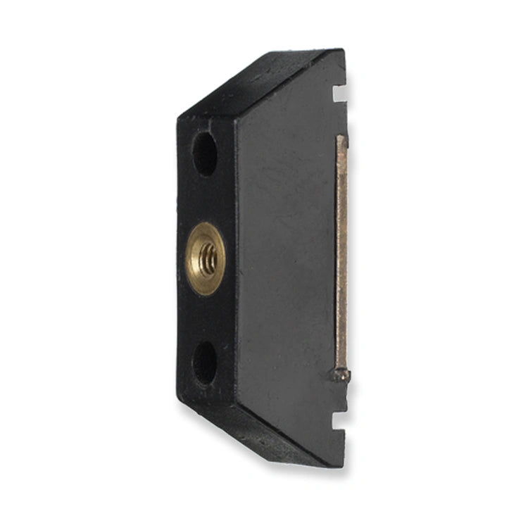 Otis 6940A New York lock contact bridge (shunt), black body with brass threaded insert, on white background.