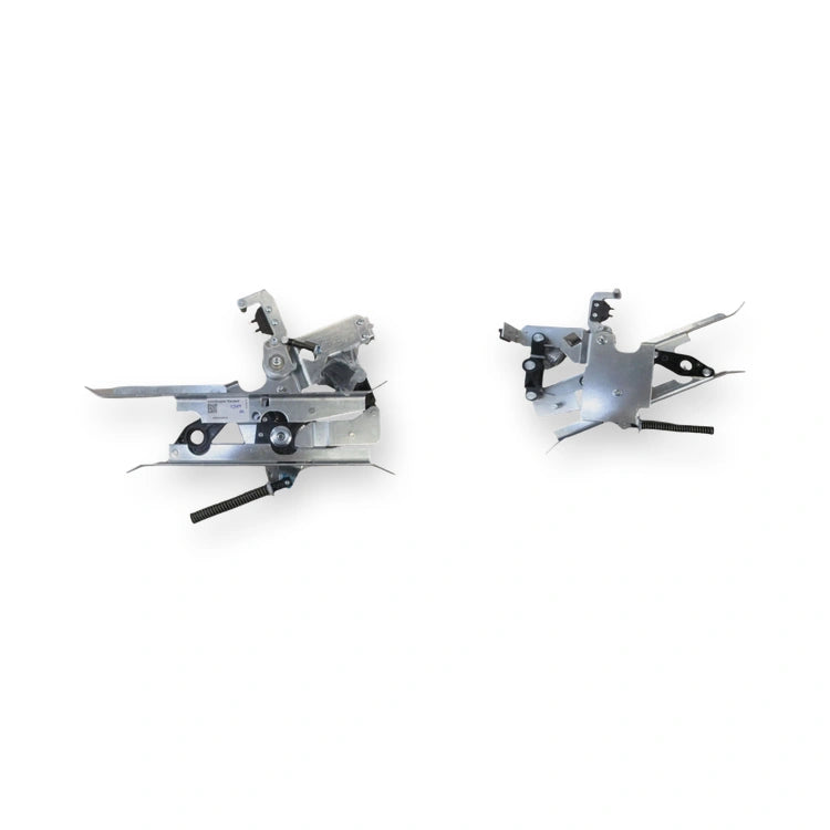 Kone AMD Coupler Right KM900650G14, side view of two metal assemblies with curved arms and black rollers, on white background.