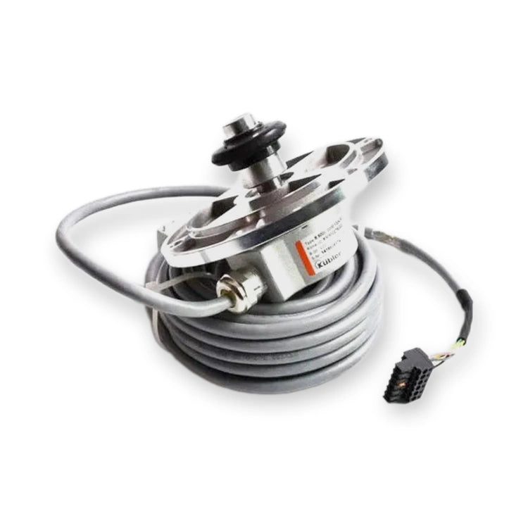 KONE KDL16L Encoder D37.3 MX05/MX10/MX18 7m Cable OEM (KM950278G02), top-down view of coiled cable with metal housing and black connector, on white background.